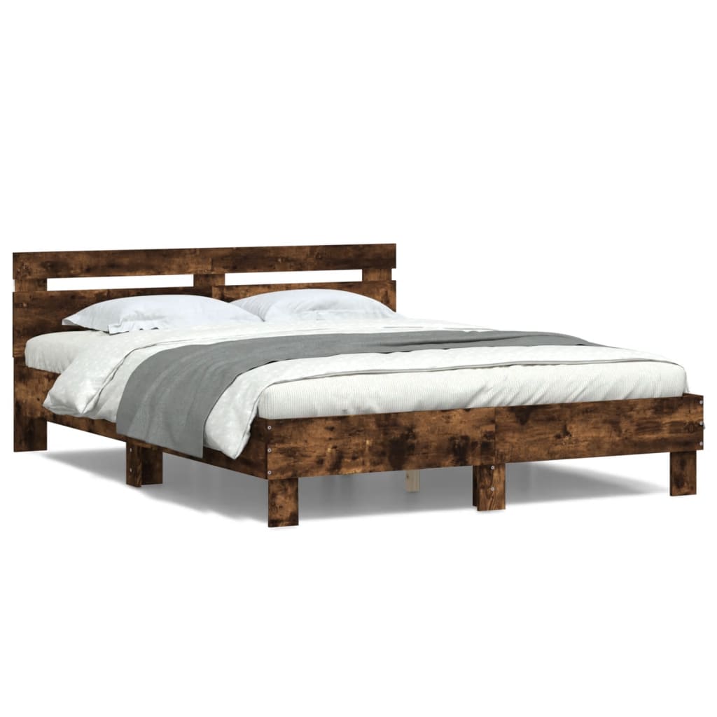 Bed Frame with Headboard and LED Smoked Oak 150x200 cm King Size