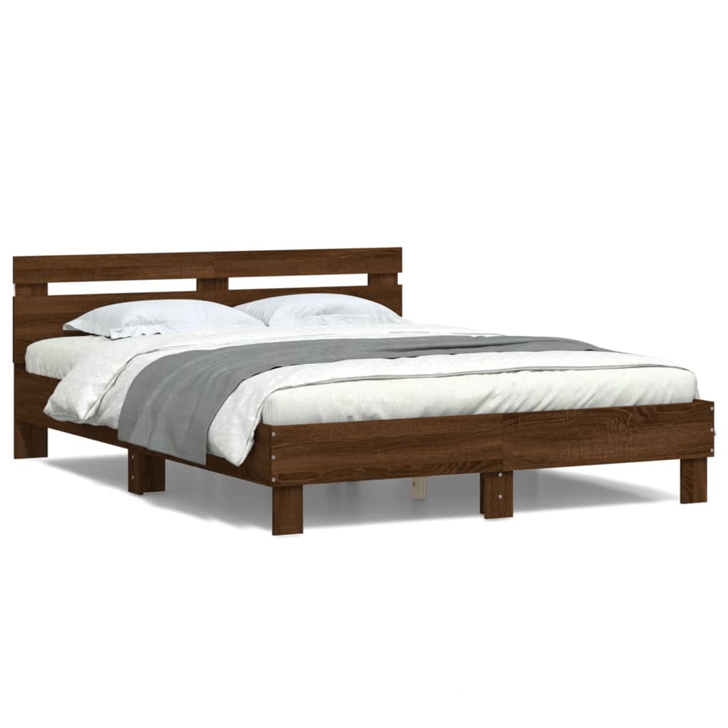 Bed Frame with Headboard and LED Brown Oak 140x200 cm