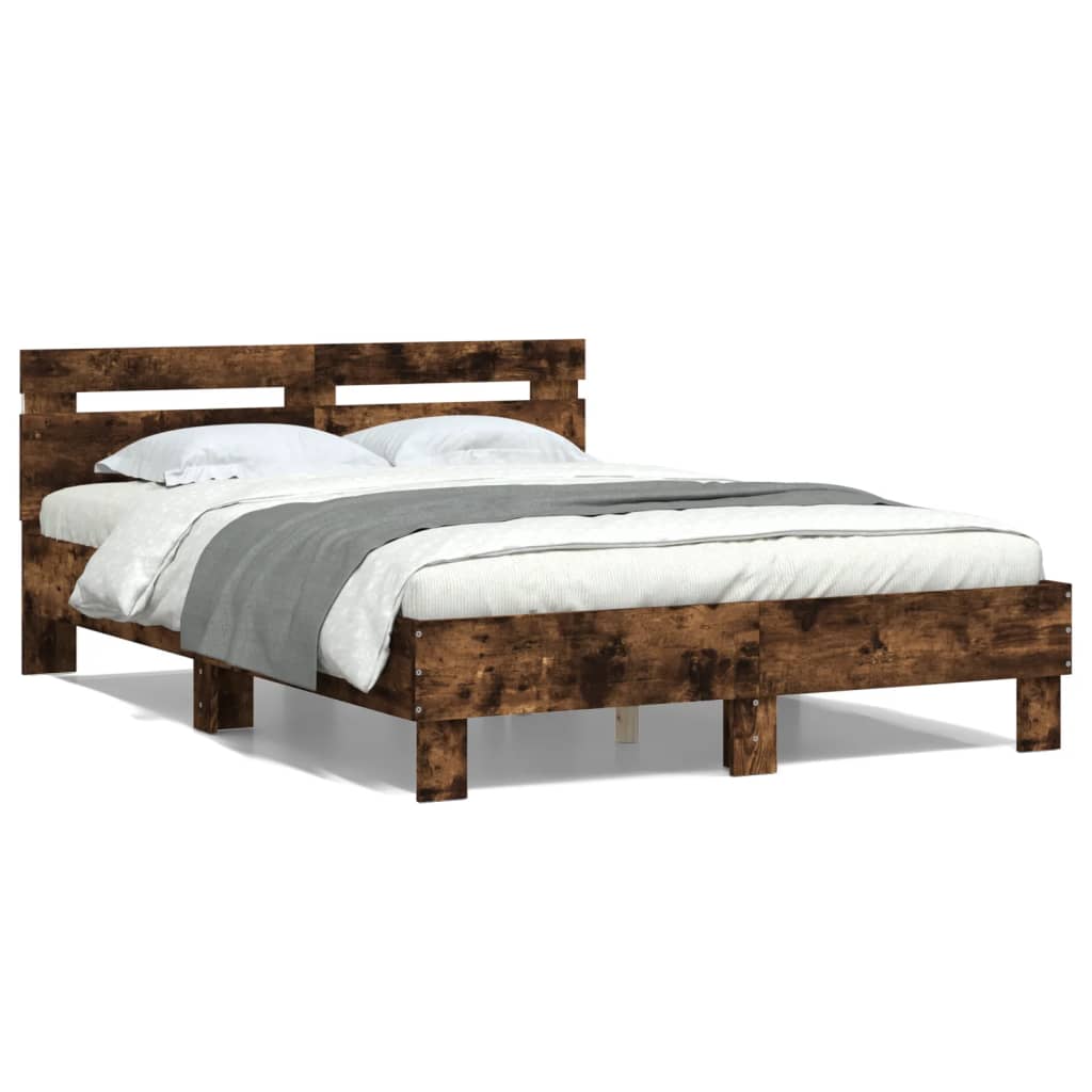 Bed Frame with Headboard and LED Smoked Oak 120x200 cm