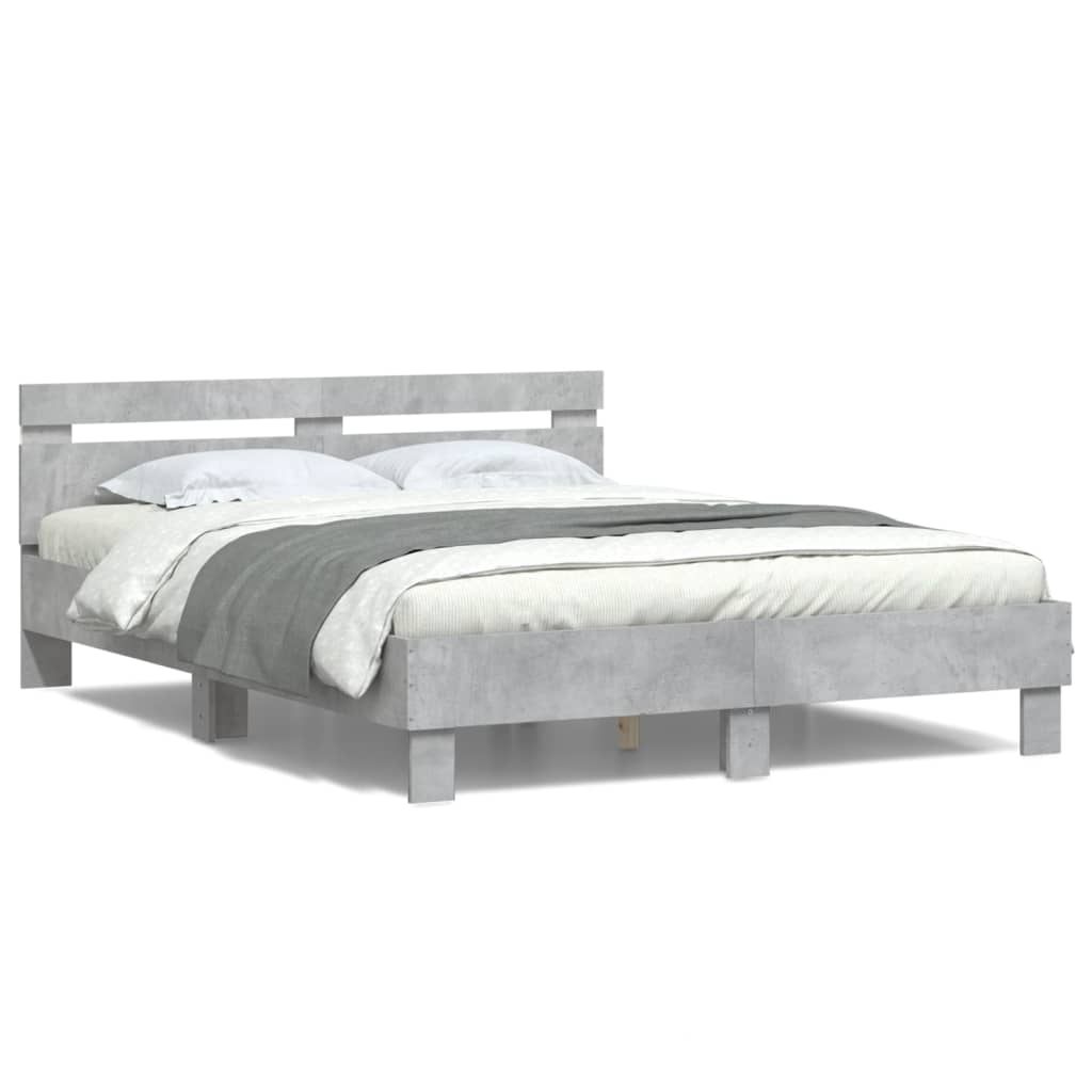 Bed Frame with Headboard and LED Concrete Grey 140x190 cm