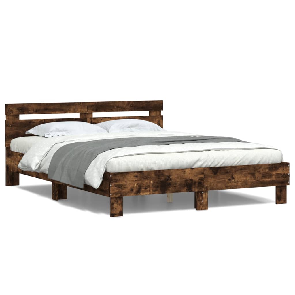 Bed Frame with Headboard and LED Smoked Oak 140x190 cm