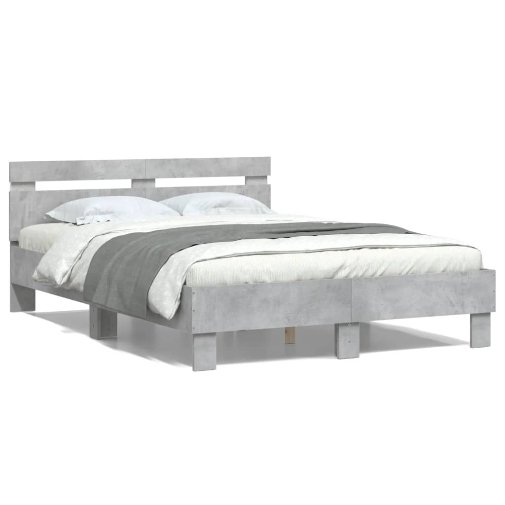 Bed Frame with Headboard and LED Concrete Grey 135x190 cm Double