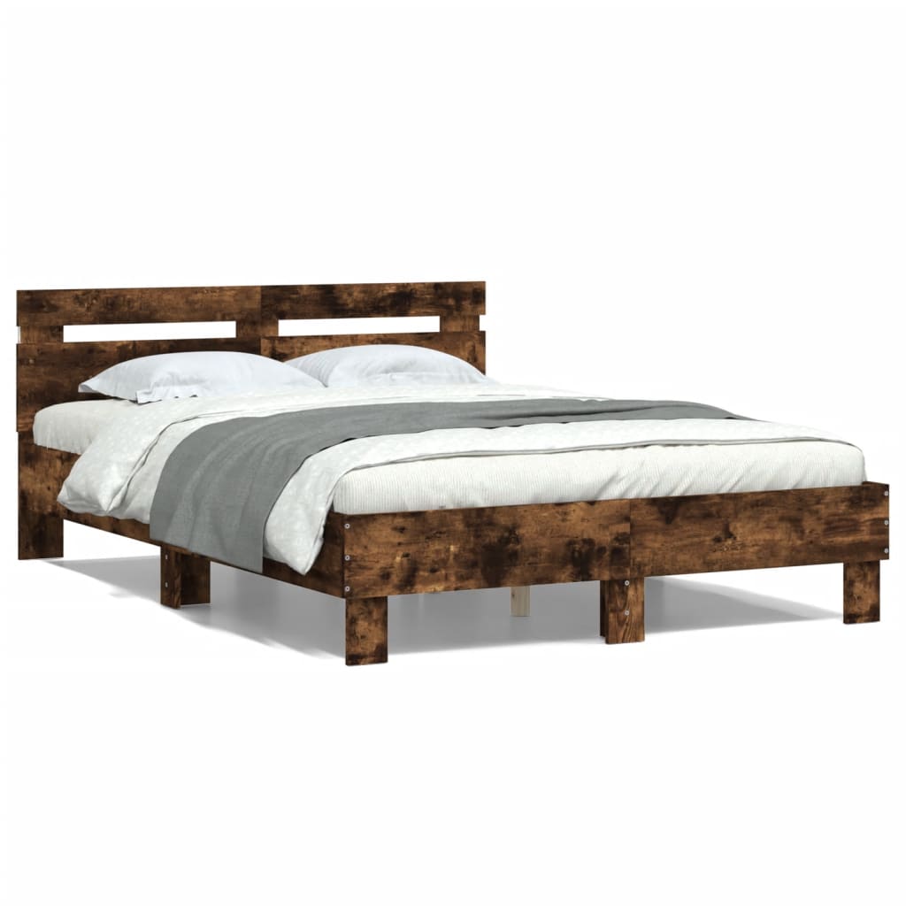 Bed Frame with Headboard and LED Smoked Oak 135x190 cm Double