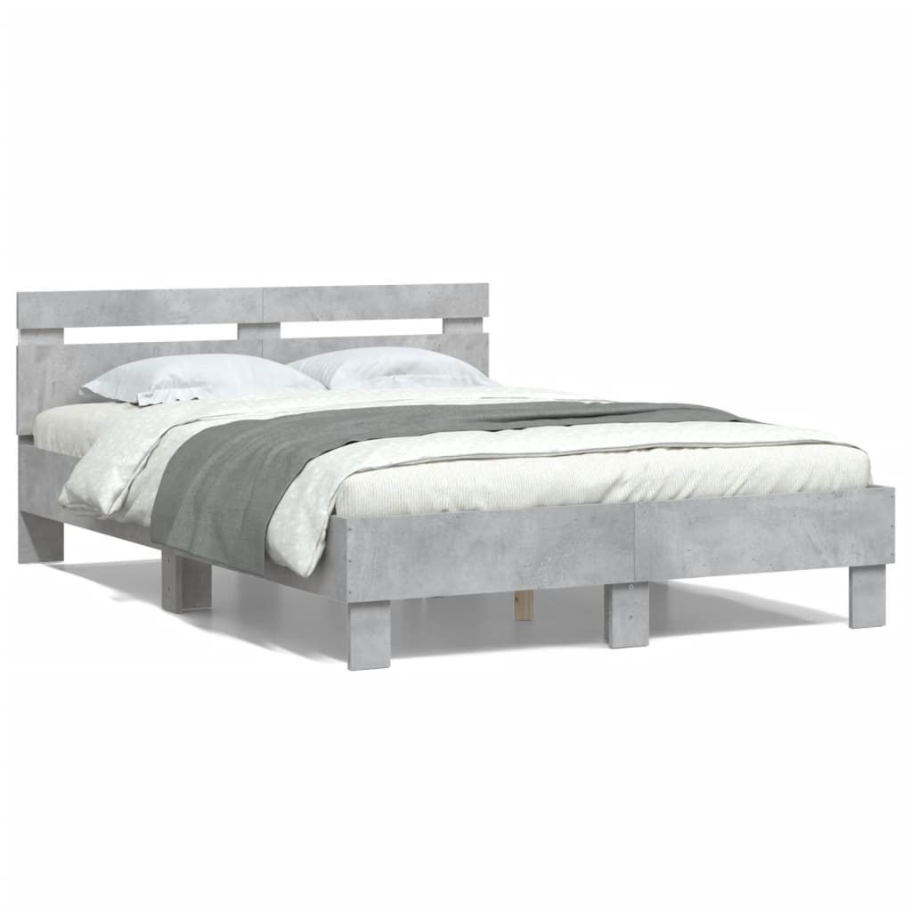 Bed Frame with Headboard and LED Concrete Grey 120x190 cm Small Double