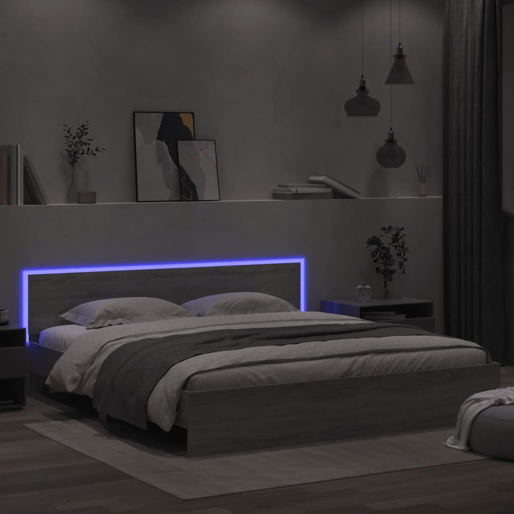 Bed Frame with Headboard and LED Grey Sonoma 200x200 cm