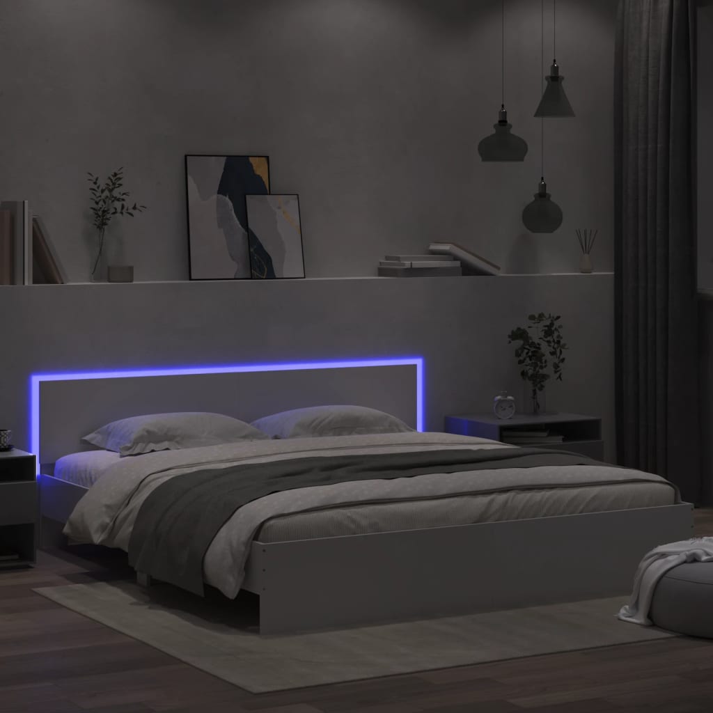 Bed Frame with Headboard and LED White 180x200 cm Super King Size