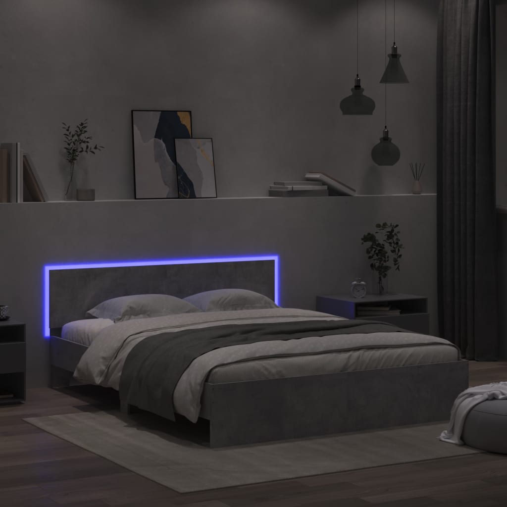 Bed Frame with Headboard and LED Concrete Grey 160x200 cm