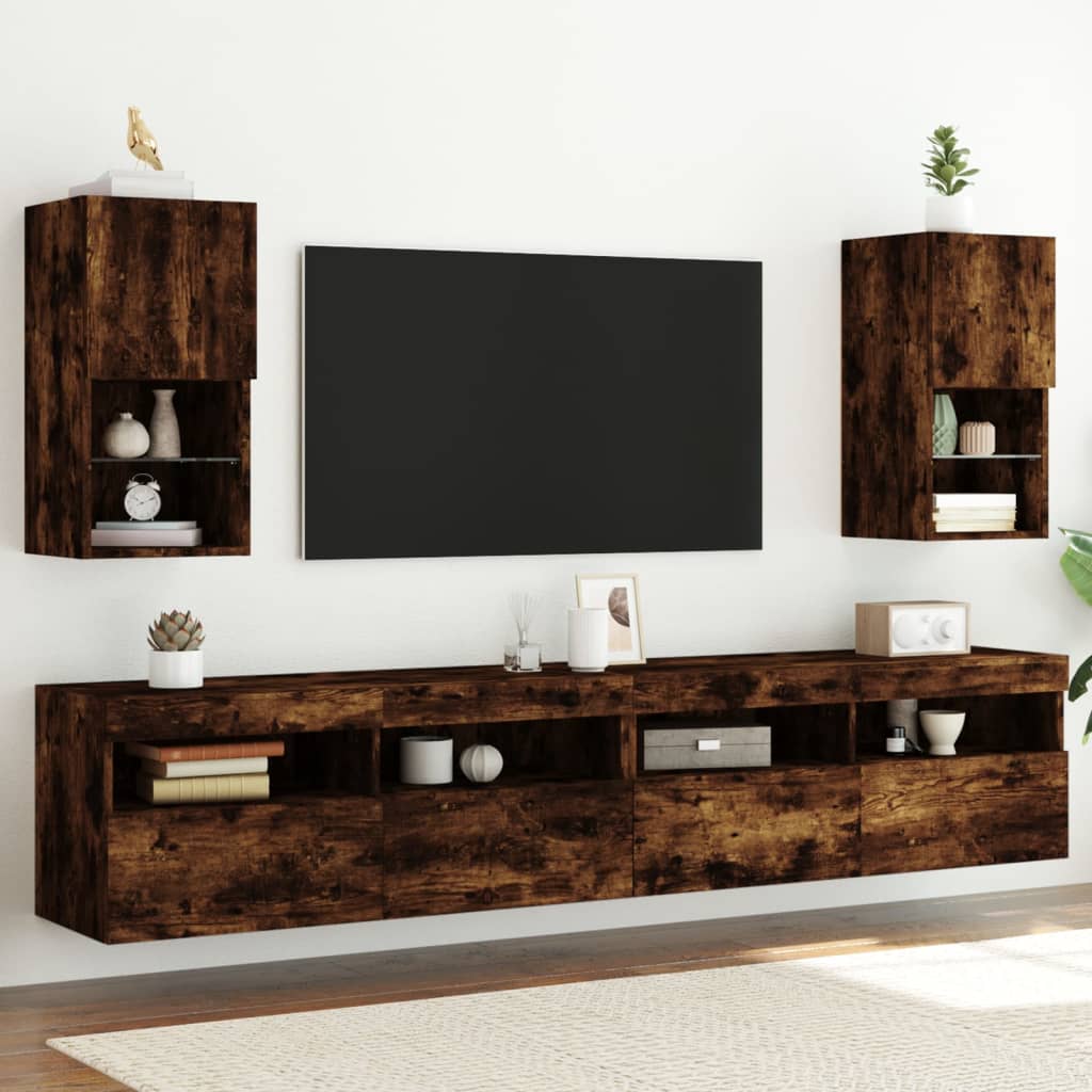 TV Cabinets with LED Lights 2 Pieces Smoked Oak 30.5x30x60 cm