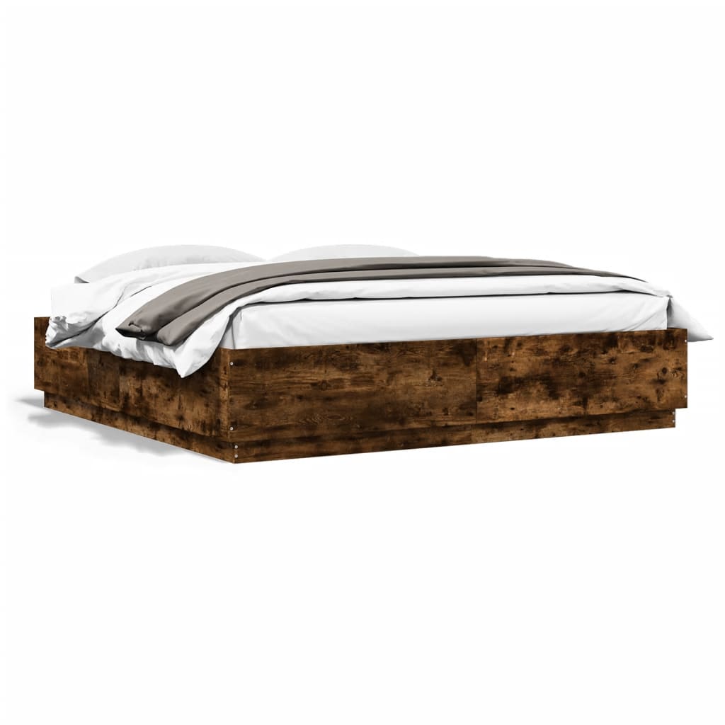 Bed Frame with LED Lights Smoked Oak 200x200 cm Engineered Wood