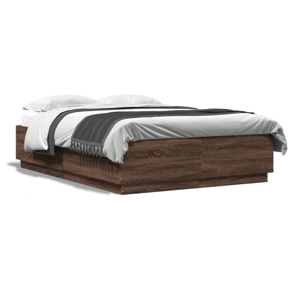 Bed Frame with LED Lights Brown Oak 150x200 cm King Size Engineered Wood