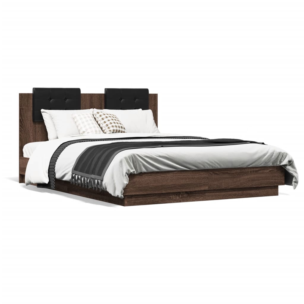 Bed Frame with Headboard and LED Lights Brown Oak 135x190 cm Double