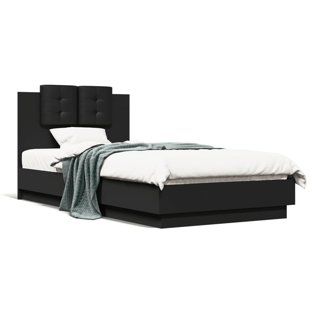Bed Frame with Headboard and LED Lights Black 75x190 cm Small Single