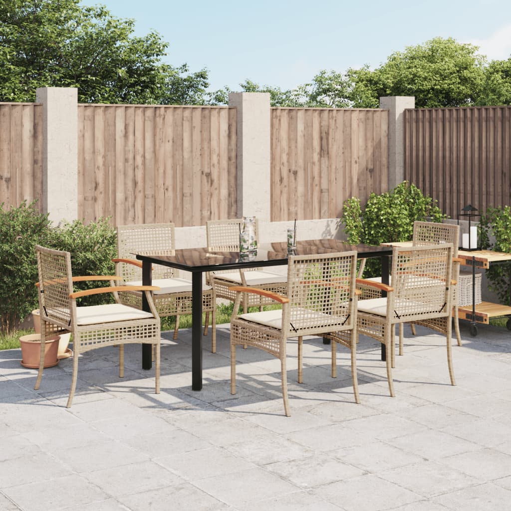 7 Piece Garden Dining Set with Cushions Beige Poly Rattan
