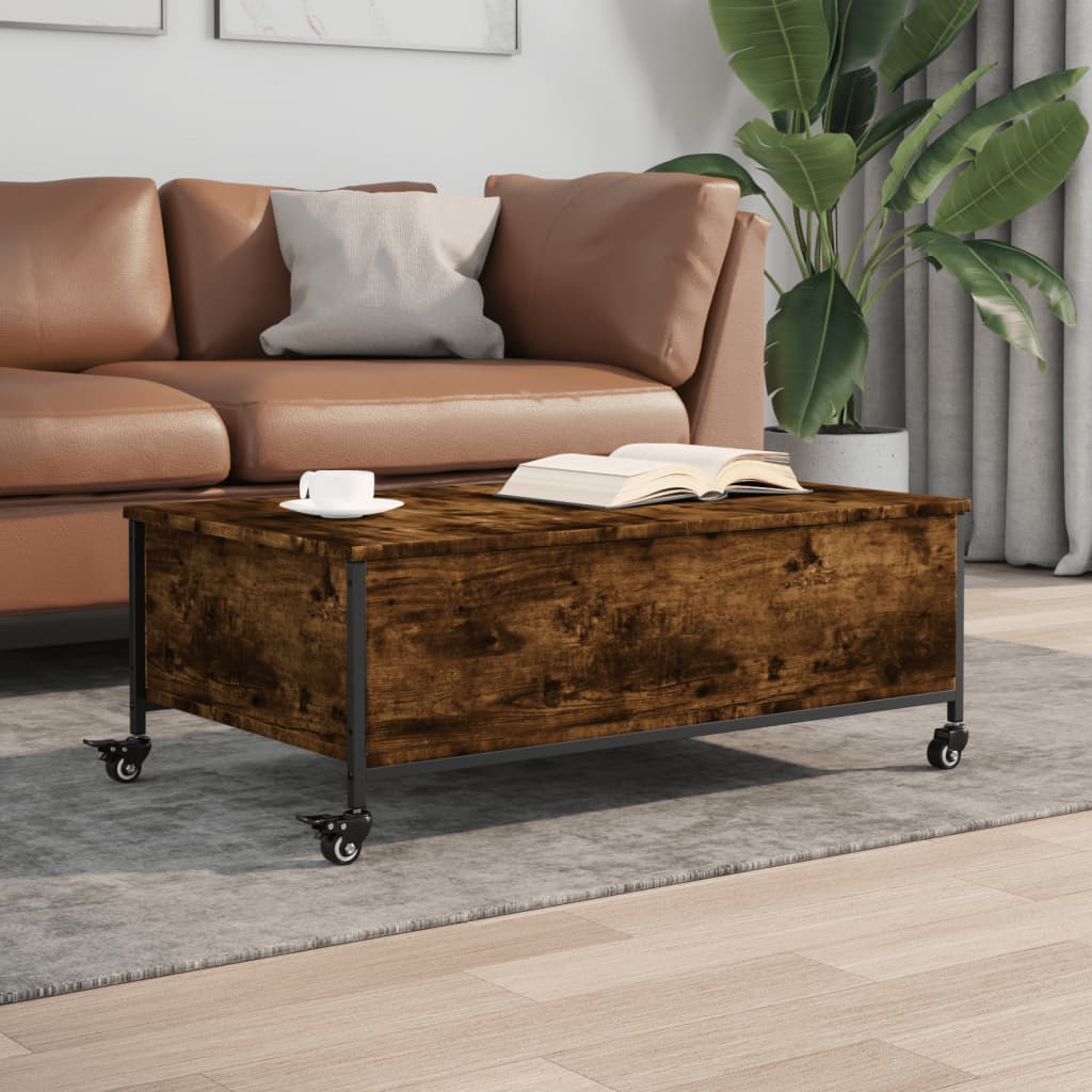 Coffee Table withÂ Wheels Smoked Oak 91x55x34 cm EngineeredÂ Wood