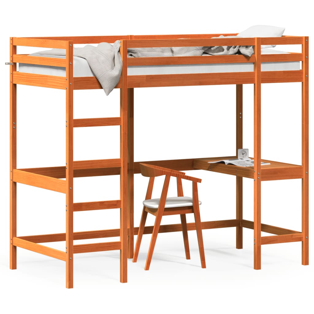 Loft Bed with Desk Wax Brown 90x200 cm Solid Wood Pine