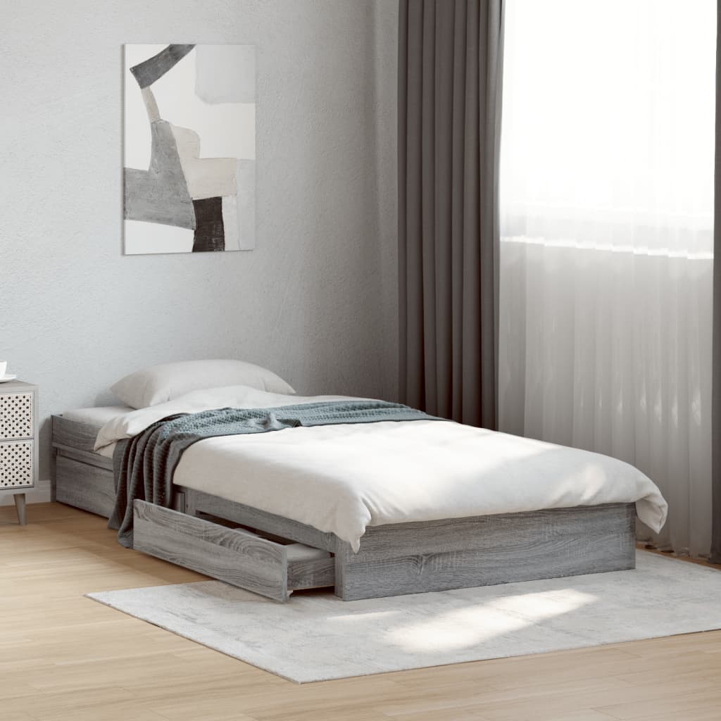 Bedframe with Drawers Grey Sonoma 75x190cm Small Single