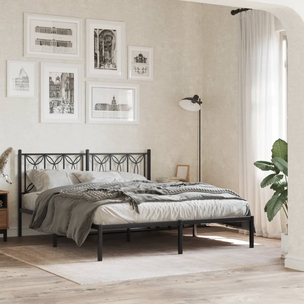 Metal Bedframe with Headboard Black 150x200cm