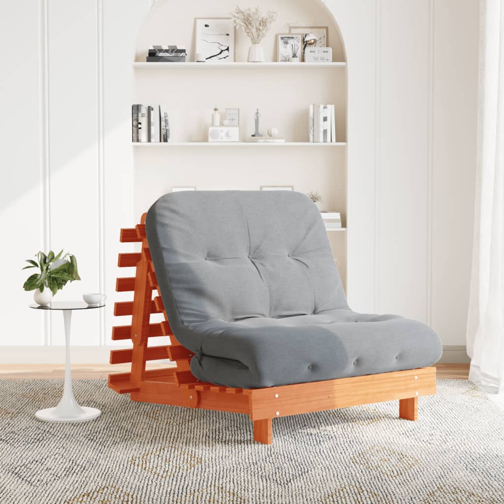 Futon Sofa Bed with Mattress Wax Brown 80x206x11 cm Solid Wood Pine