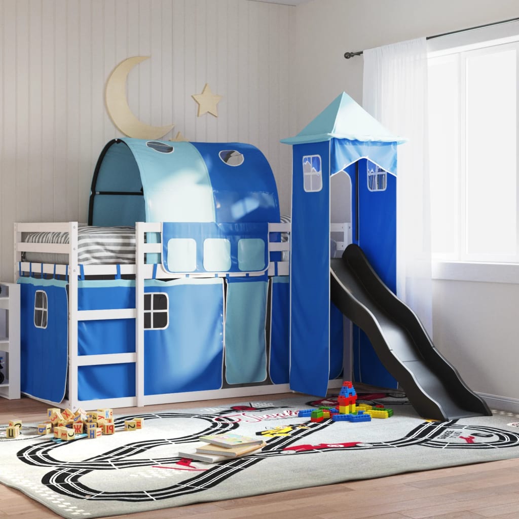 Bunkbed with Slide and Curtains Blue 90x200cm