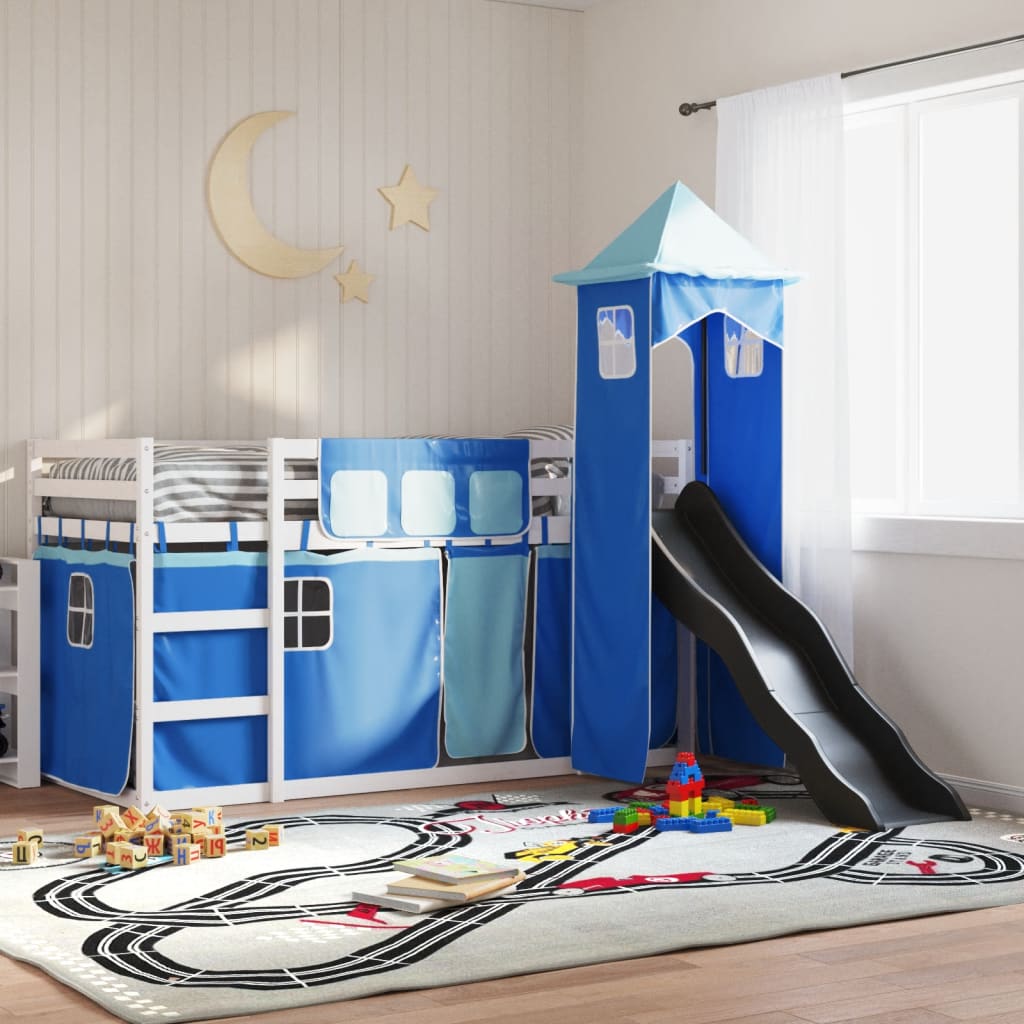 Bunkbed with Slide and Curtains Blue 90x200cm
