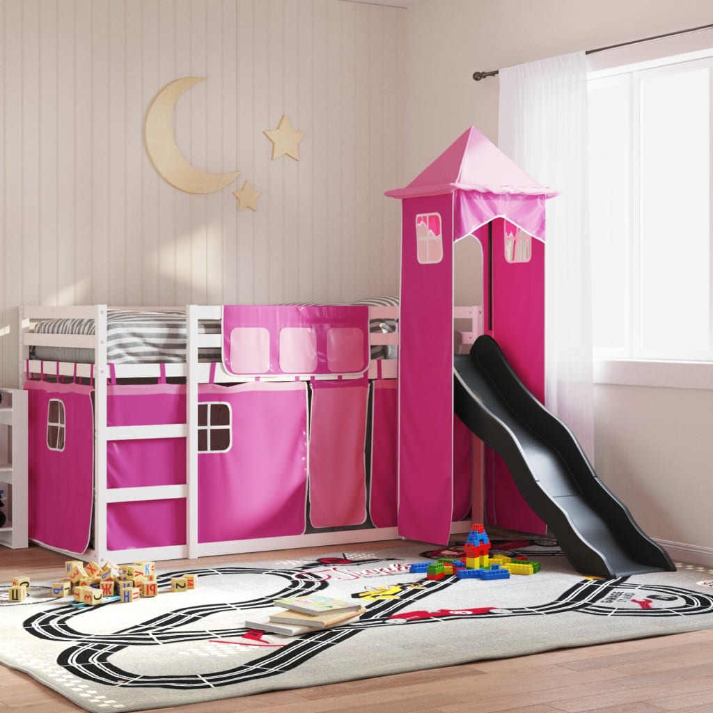 Bunkbed with Slide and Curtains Pink 90x200cm