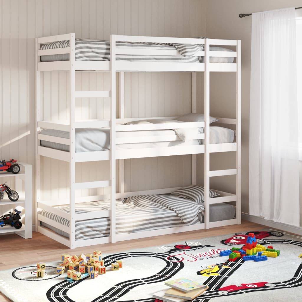 Triple Bunkbed White 90x190cm Single Solid Wood Pine