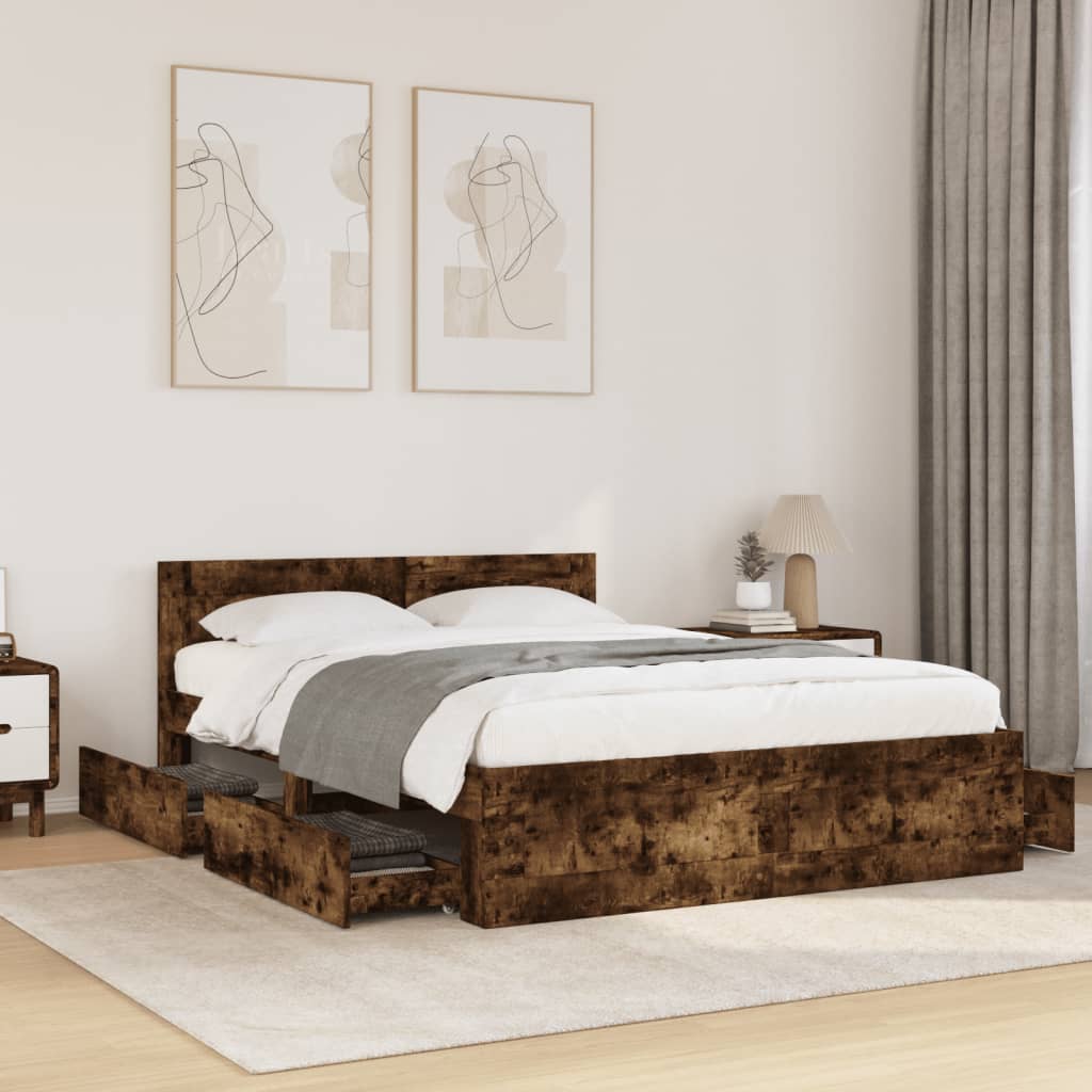 Bedframe with Headboard Smoked Oak 140x200cm