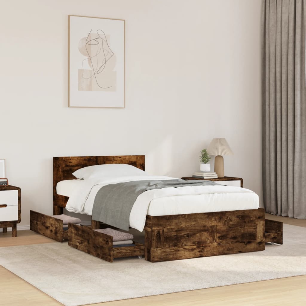 Bedframe with Headboard Smoked Oak 75x190cm Small Single