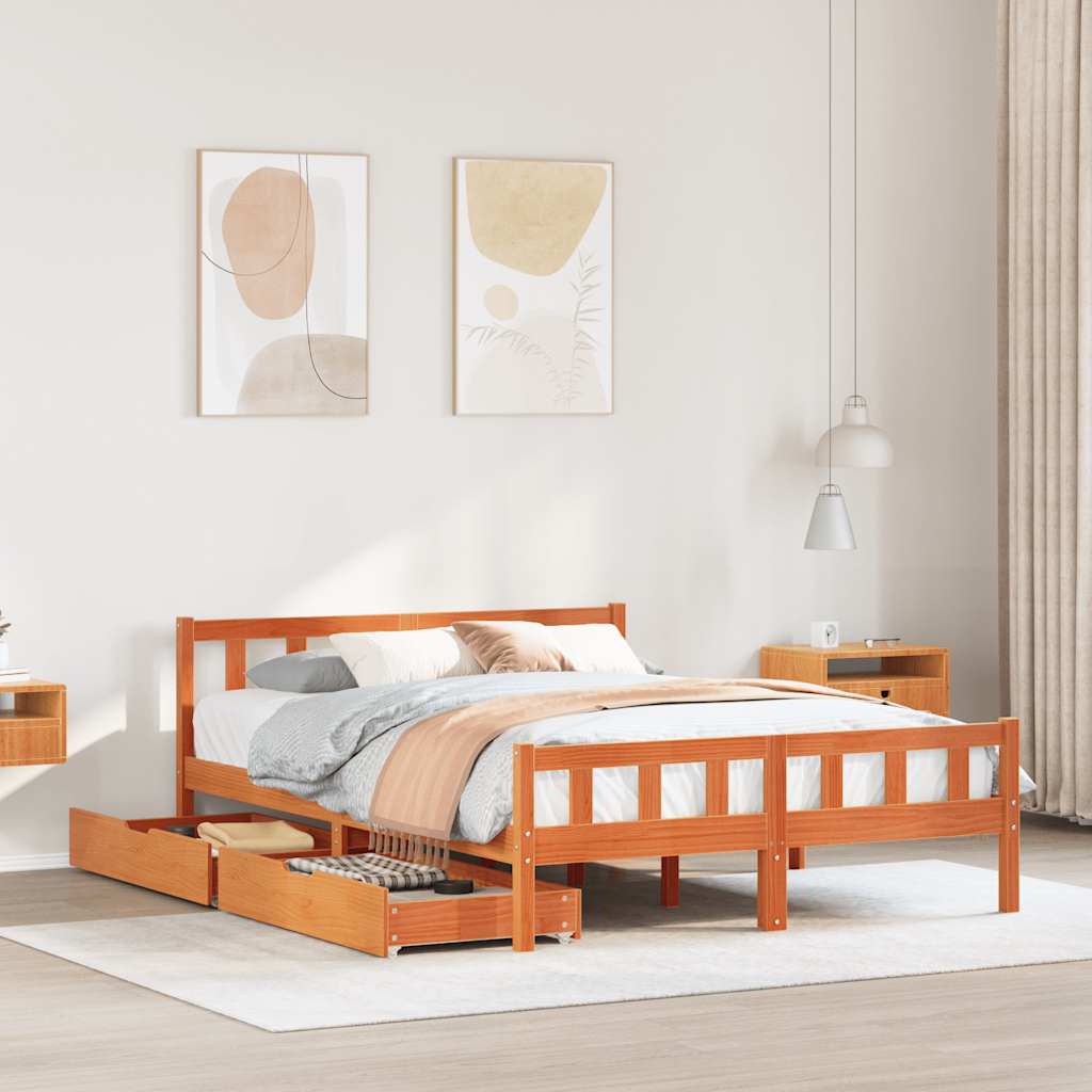 Bedframe Wax Brown 150x200cm King Size Solid Wood Pine