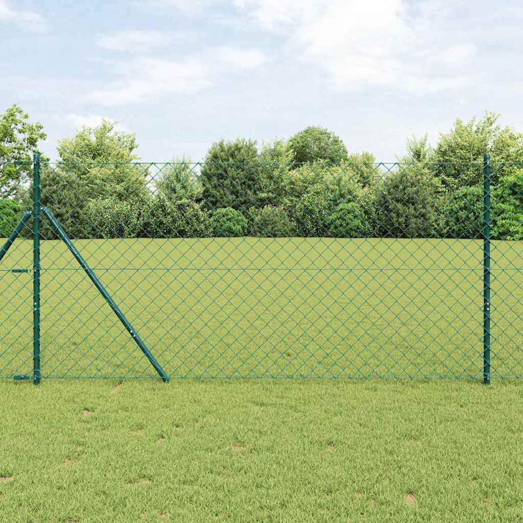 Chain Link Fence with 13 Posts 1.4x25 m Galvanised Steel Green