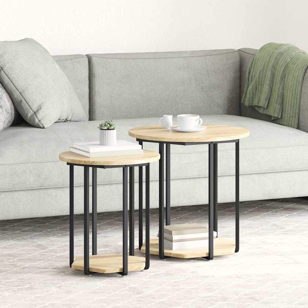 Side Table Set of 2, Sonoma Oak Wood and Metal