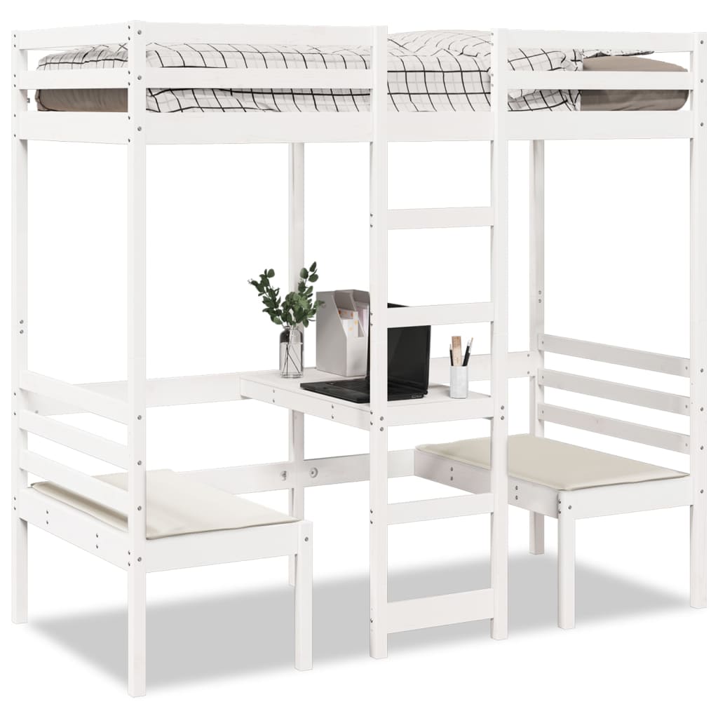 Loft Bedframe with Desk and Chairs White 90x200cm Solid Wood Pine