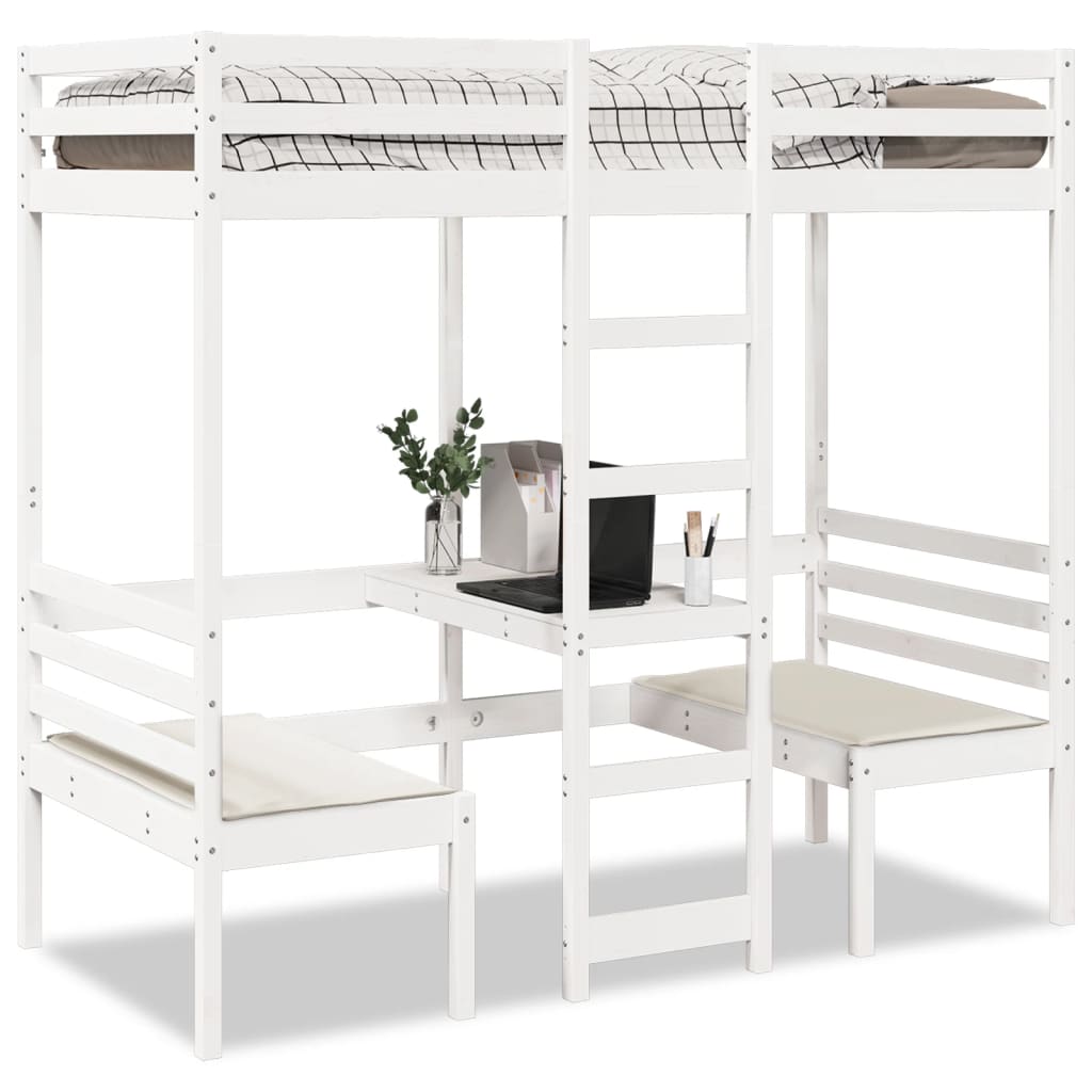 Loft Bedframe with Desk and Chairs White 80x200cm Solid Wood Pine
