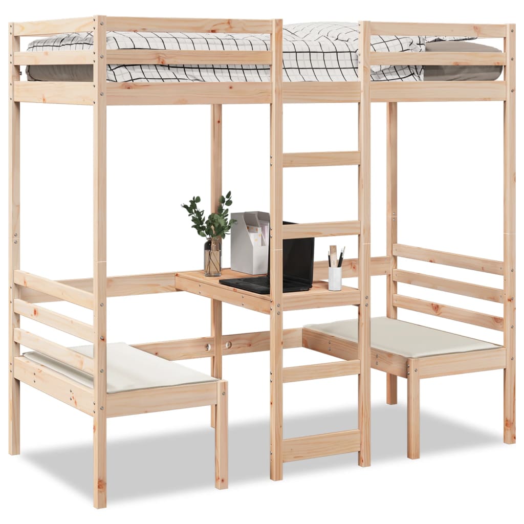 Loft Bedframe with Desk and Chairs 90x190cm Solid Wood Pine