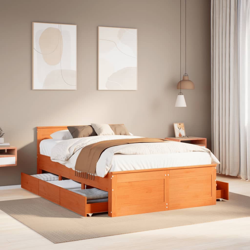 Bedframe with Headboard Wax Brown 120x190cm Small Double Solid Wood Pine