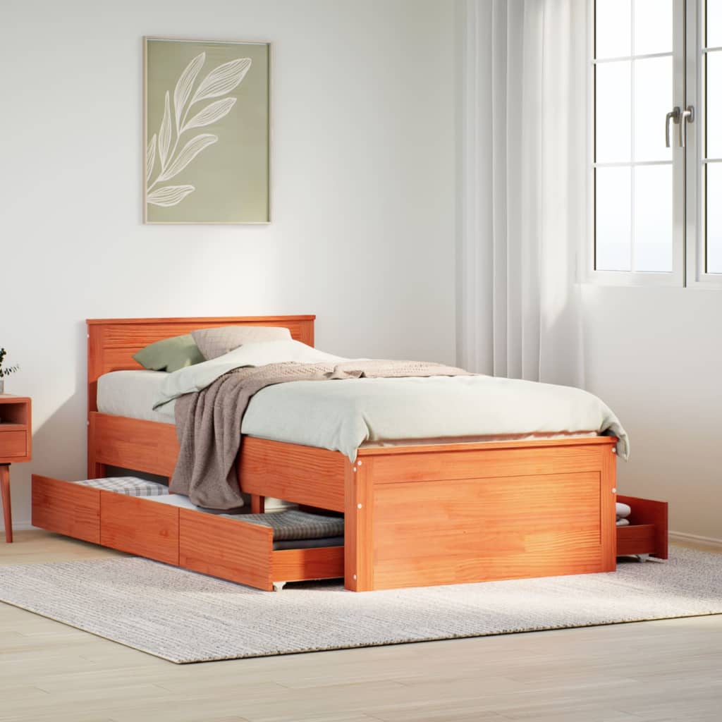 Bedframe with Headboard Wax Brown 75x190cm Small Single Solid Wood Pine