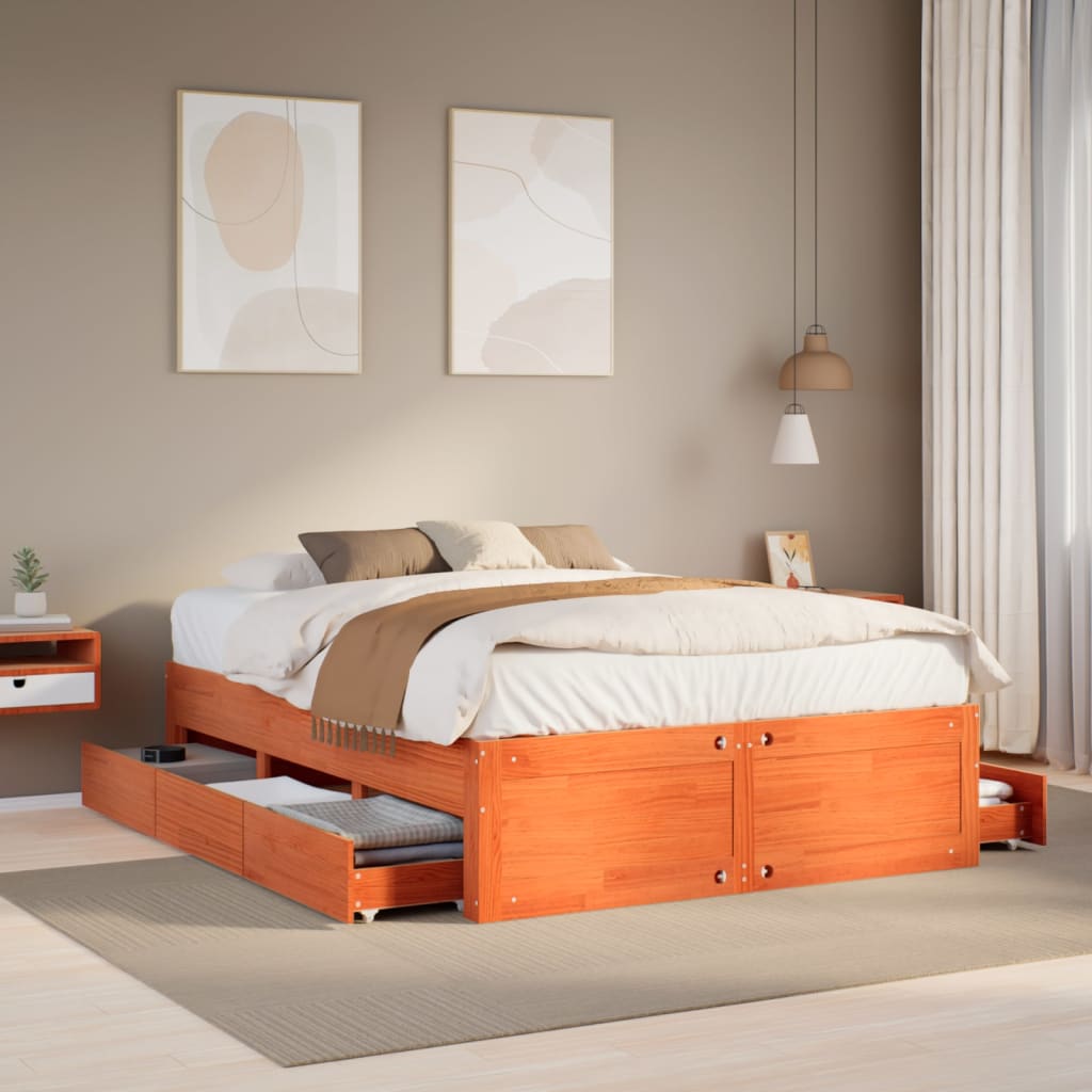 Bedframe with Drawers Wax Brown 140x200cm Solid Wood Pine