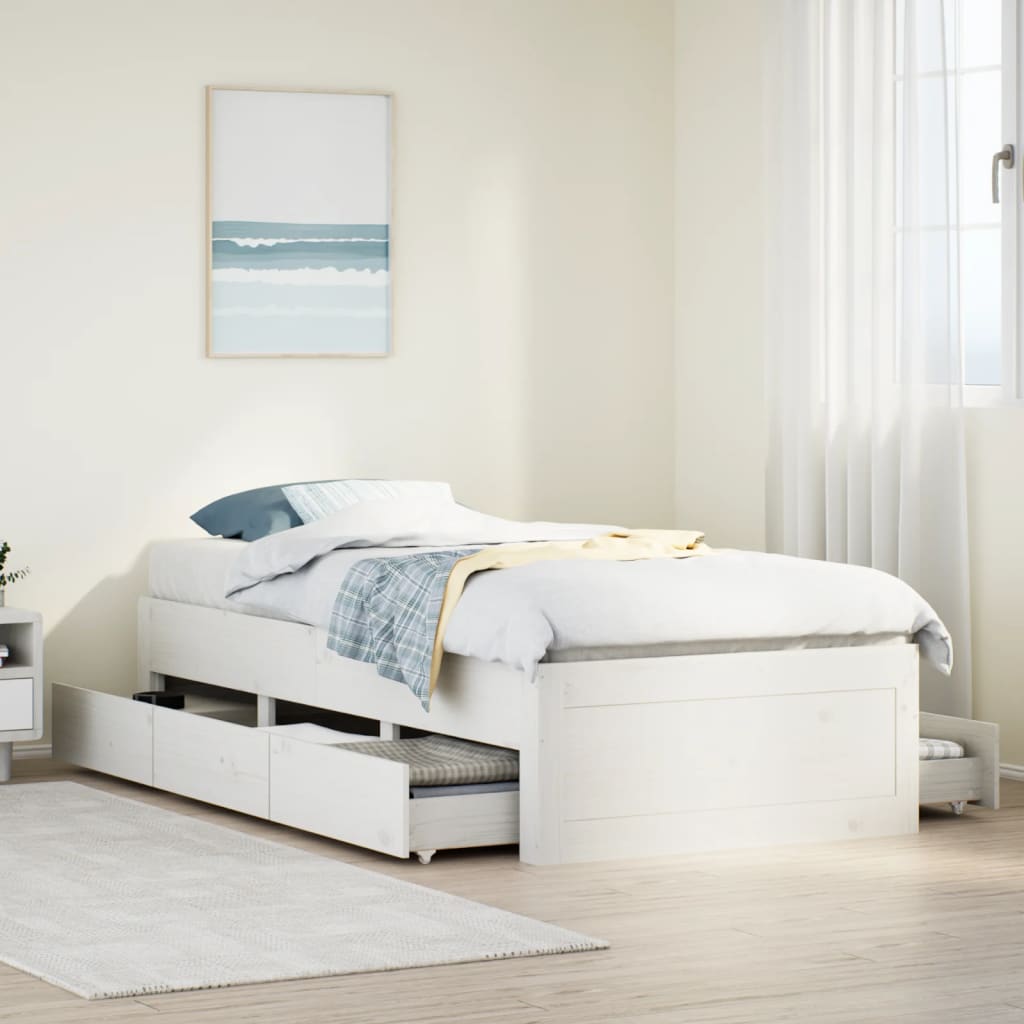 Bedframe with Drawers White 90x200cm Solid Wood Pine