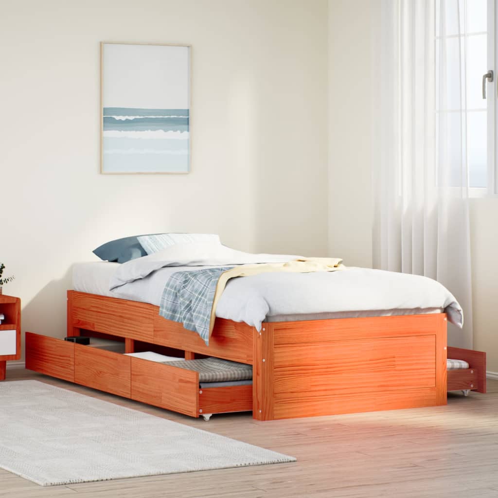 Bedframe with Drawers Wax Brown 90x200cm Solid Wood Pine