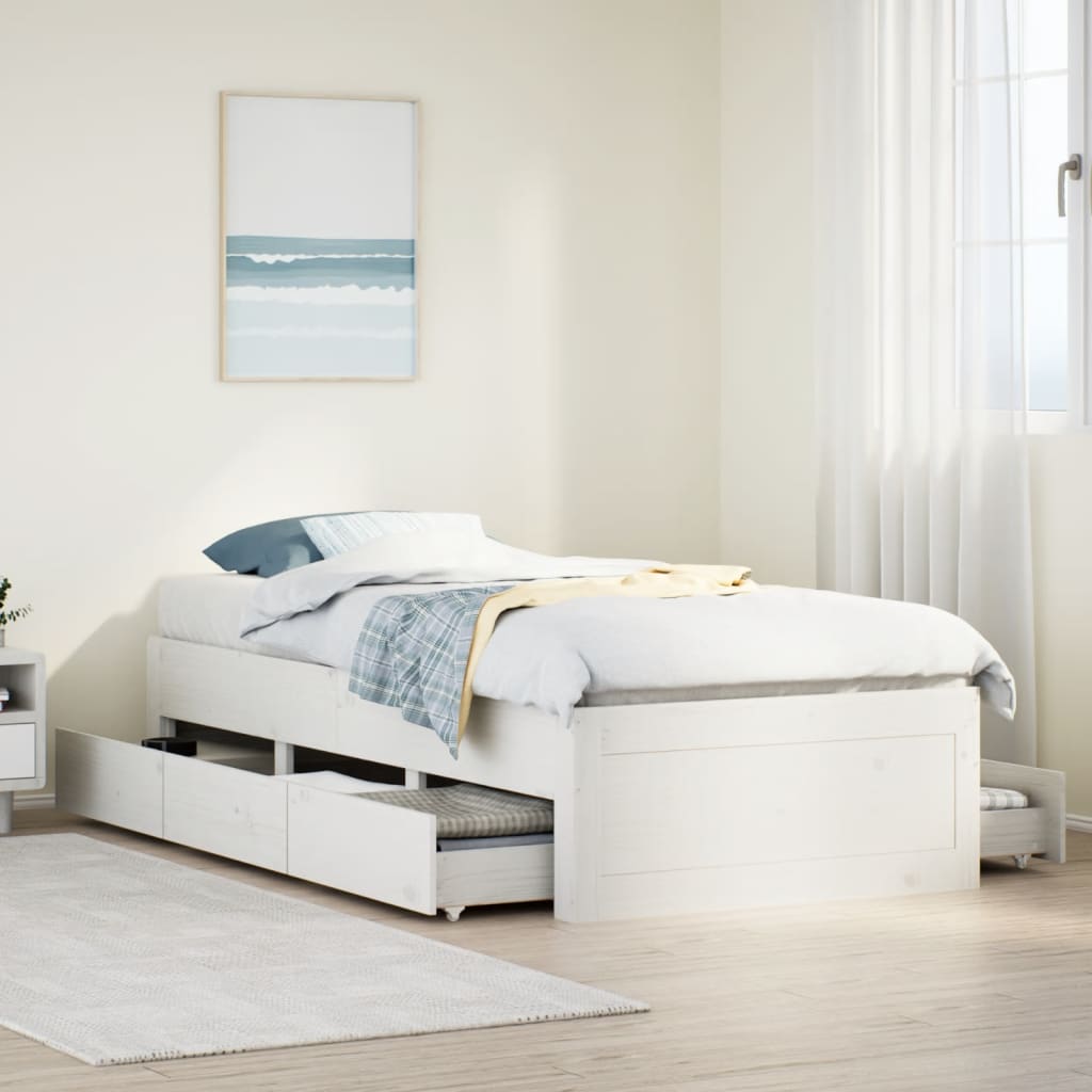 Bedframe with Drawers White 75x190cm Small Single Solid Wood Pine