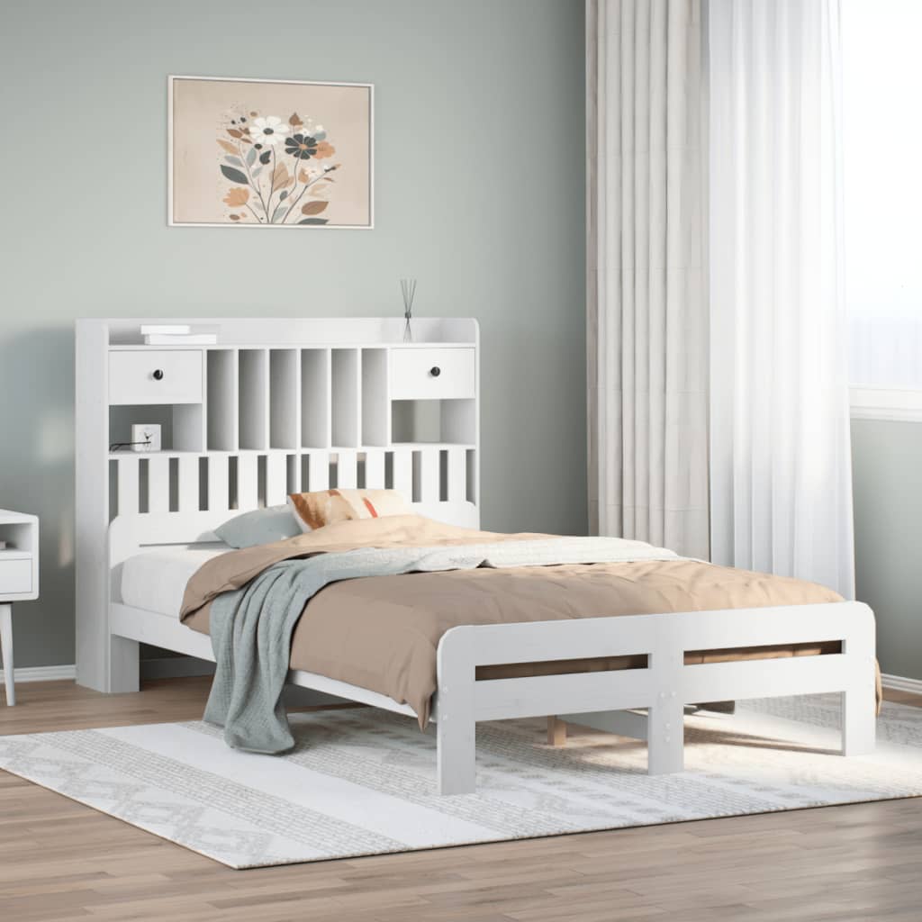Bookcase Bed White 135x190cm Double Solid Wood Pine