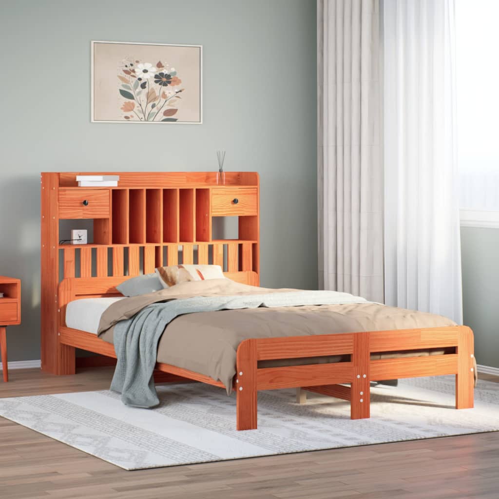 Bookcase Bed Wax Brown 135x190cm Double Solid Wood Pine