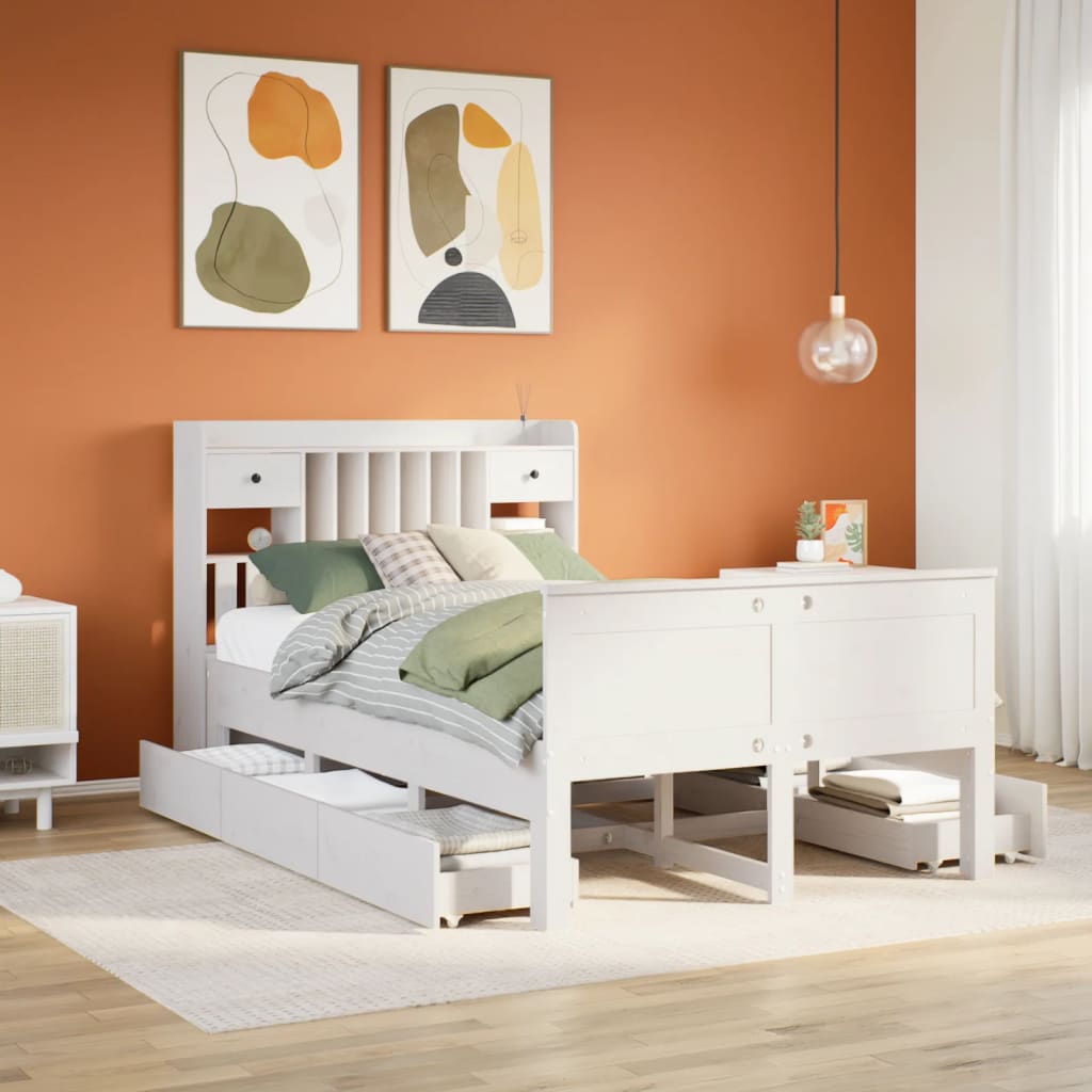Bookcase Bed White 135x190cm Double Solid Wood Pine