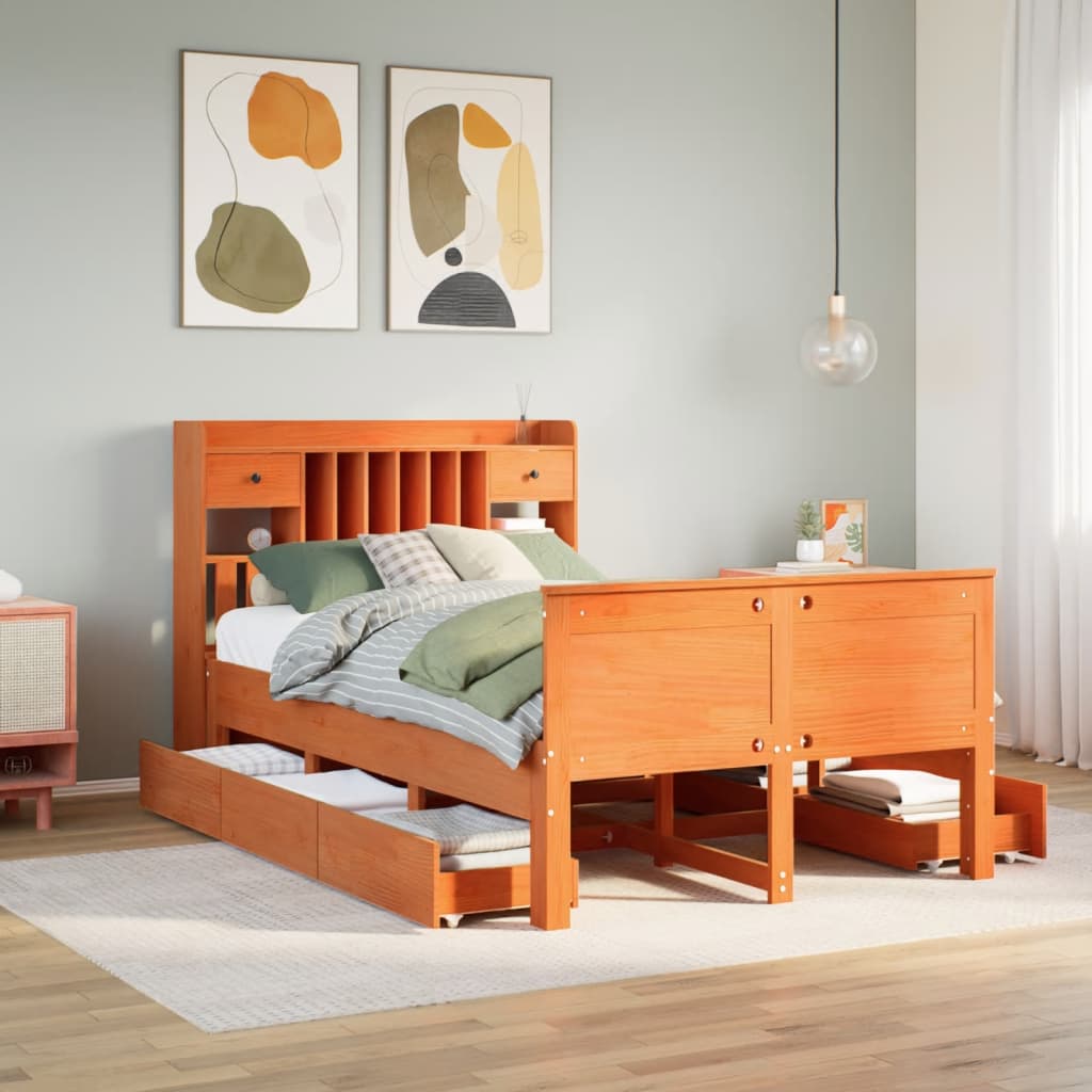 Bookcase Bed Wax Brown 135x190cm Double Solid Wood Pine