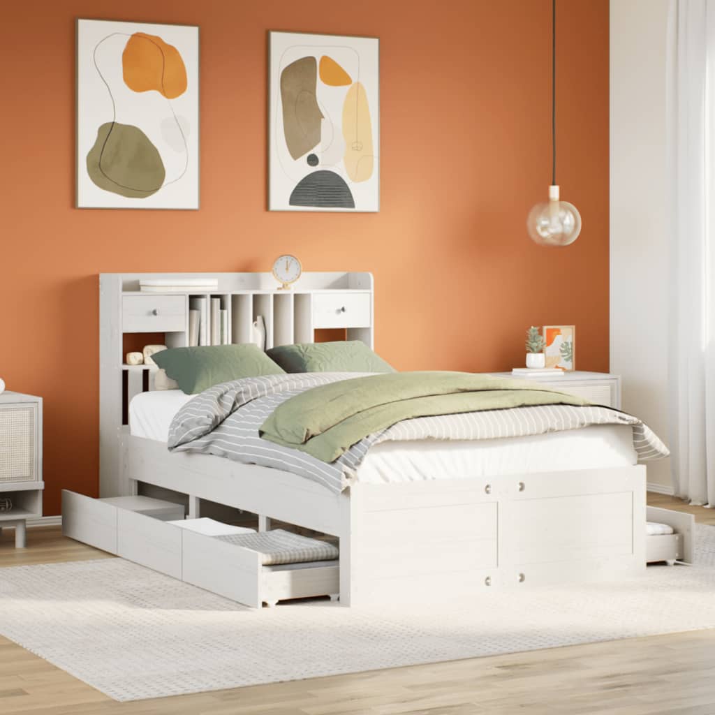 Bookcase Bed White 135x190cm Double Solid Wood Pine