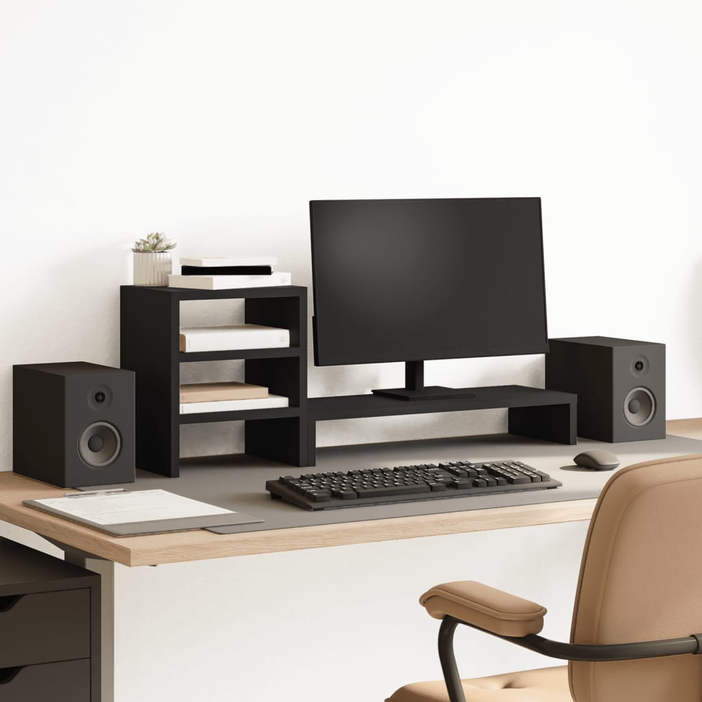 Monitor Stand with Desk Organiser Black Engineered Wood