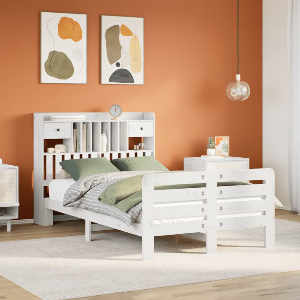 Bookcase Bed White 135x190cm Double Solid Wood Pine
