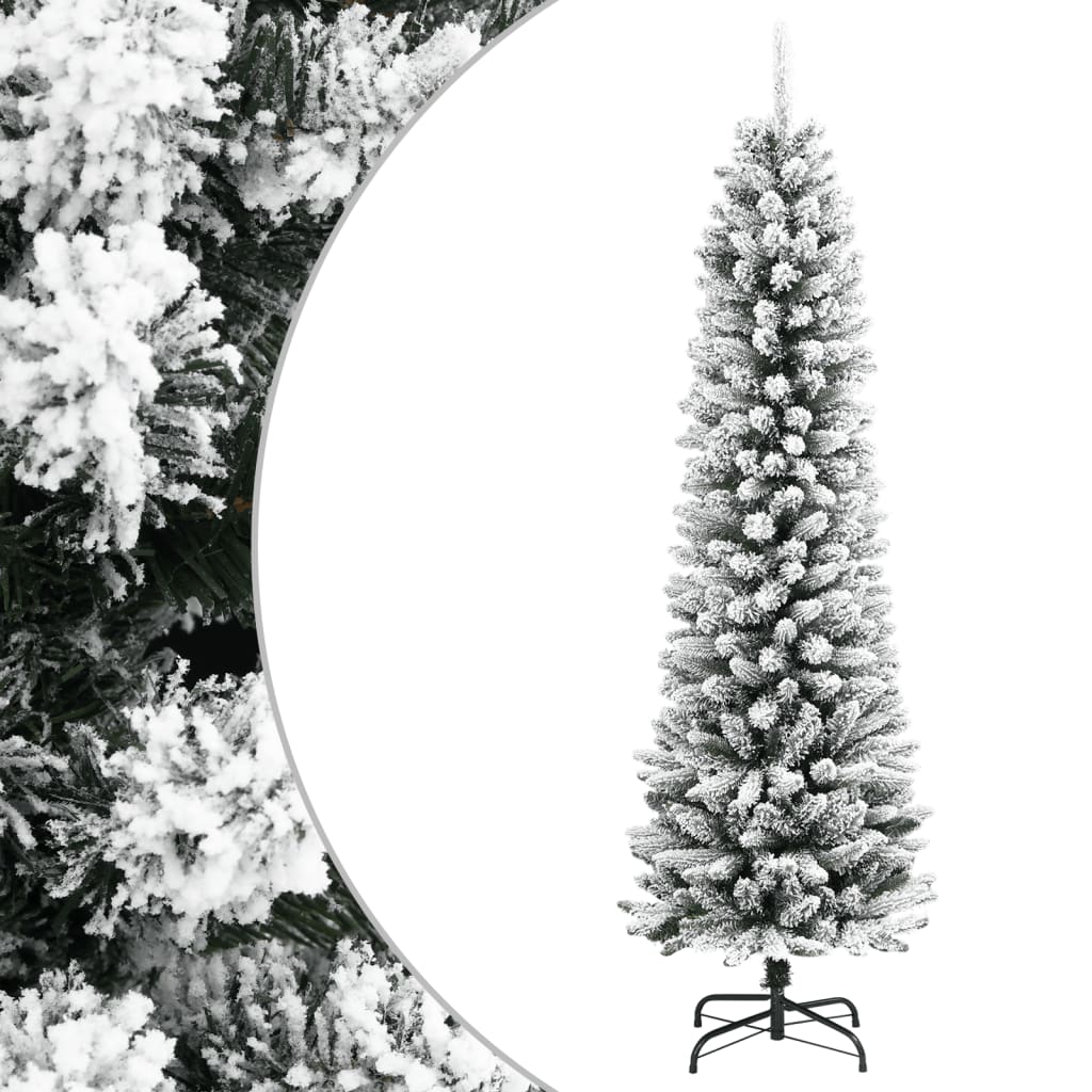 HIVLEN Artificial Slim Christmas Tree with Flocked Snow 180 cm PVC&PE