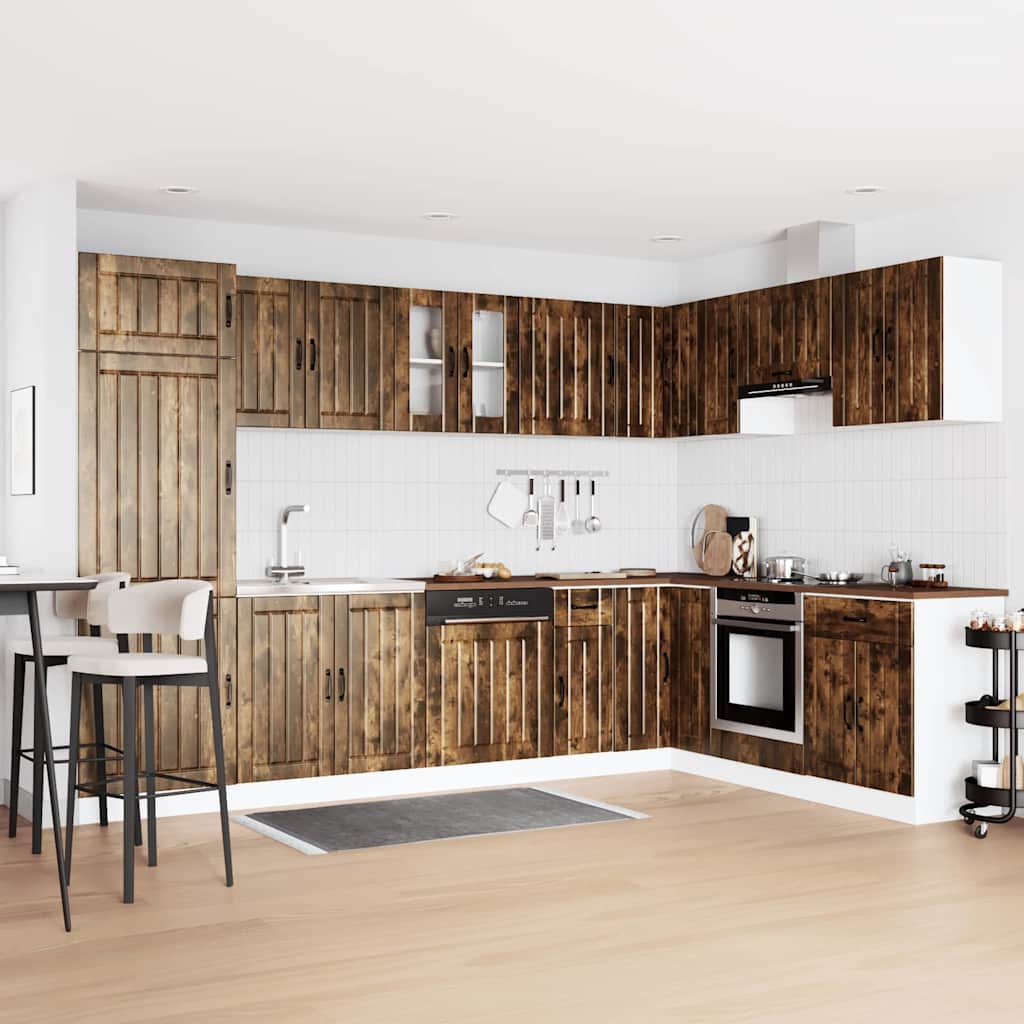 Lucca Kitchen Cabinet with Double Basins in Smoked Oak Engineered Wood