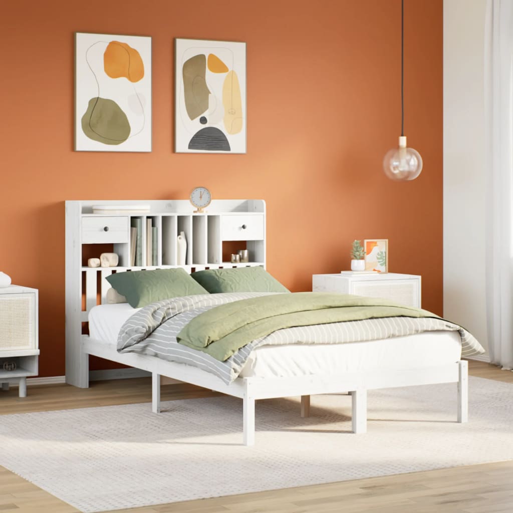 Bookcase Bed White 135x190cm Double Solid Wood Pine